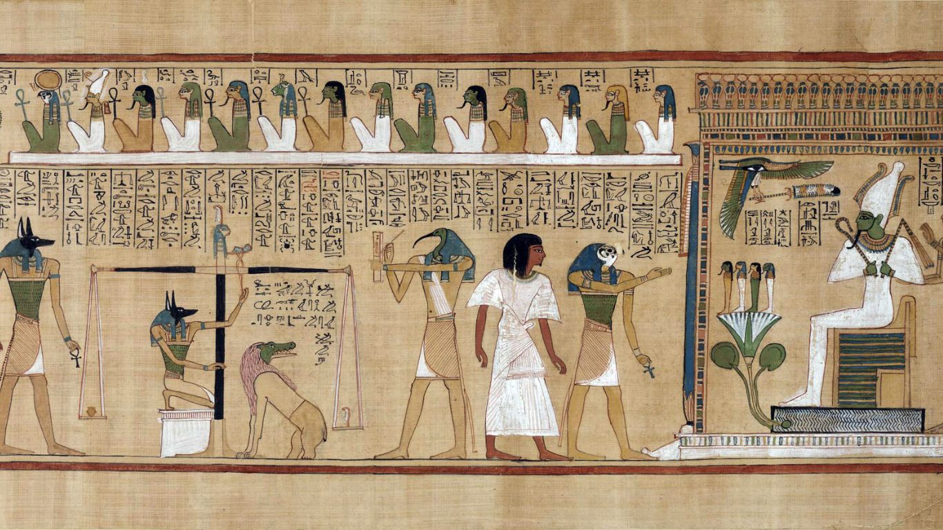 The Egyptian myth of the Book of the Dead and the Journey to the Afterlife - The Papyrus of Ani containing several chapters of the Egyptian Book of the Dead