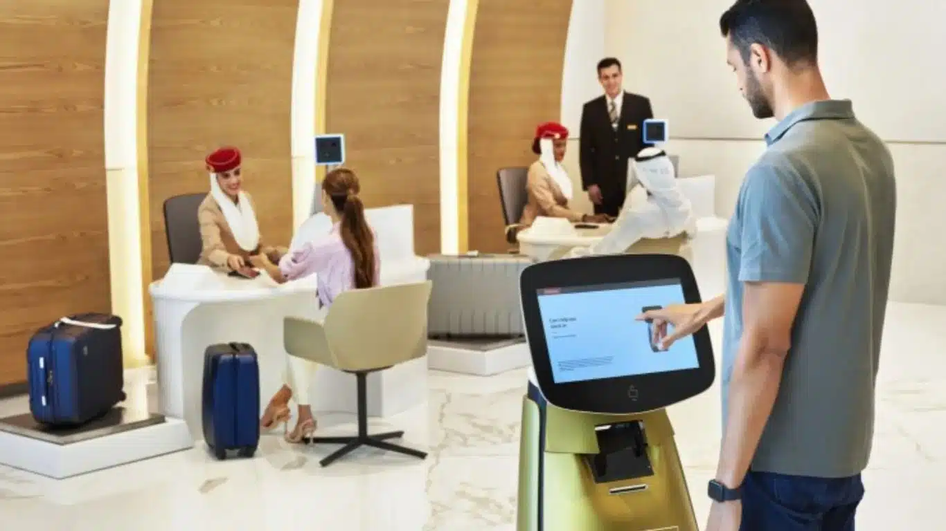 Emirates introduces the world's first robotic check-in assistance.
