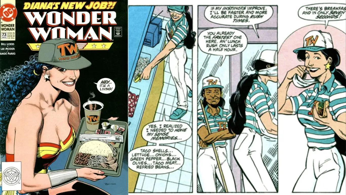 10 Most Surprising Professions of Justice League Members in DC History - Wonder Woman (Diana Prince) - Taco Whiz employee 