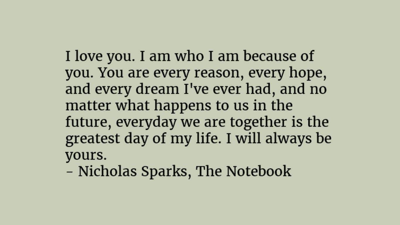 20 条最浪漫的文学名言（书籍、诗歌和戏剧）-“因为你，我才成为现在的我。你是我曾经拥有的一切理由、每一个希望和每一个梦想。” ——尼古拉斯·斯帕克斯，《恋恋笔记本》