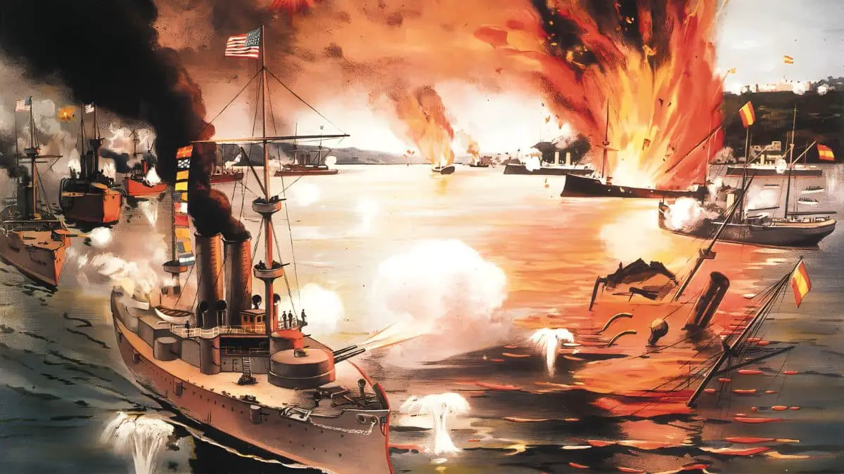 Nautical battle scene with explosions and American flag (Turning Point: Battle of Manila Bay - 1898 AD)