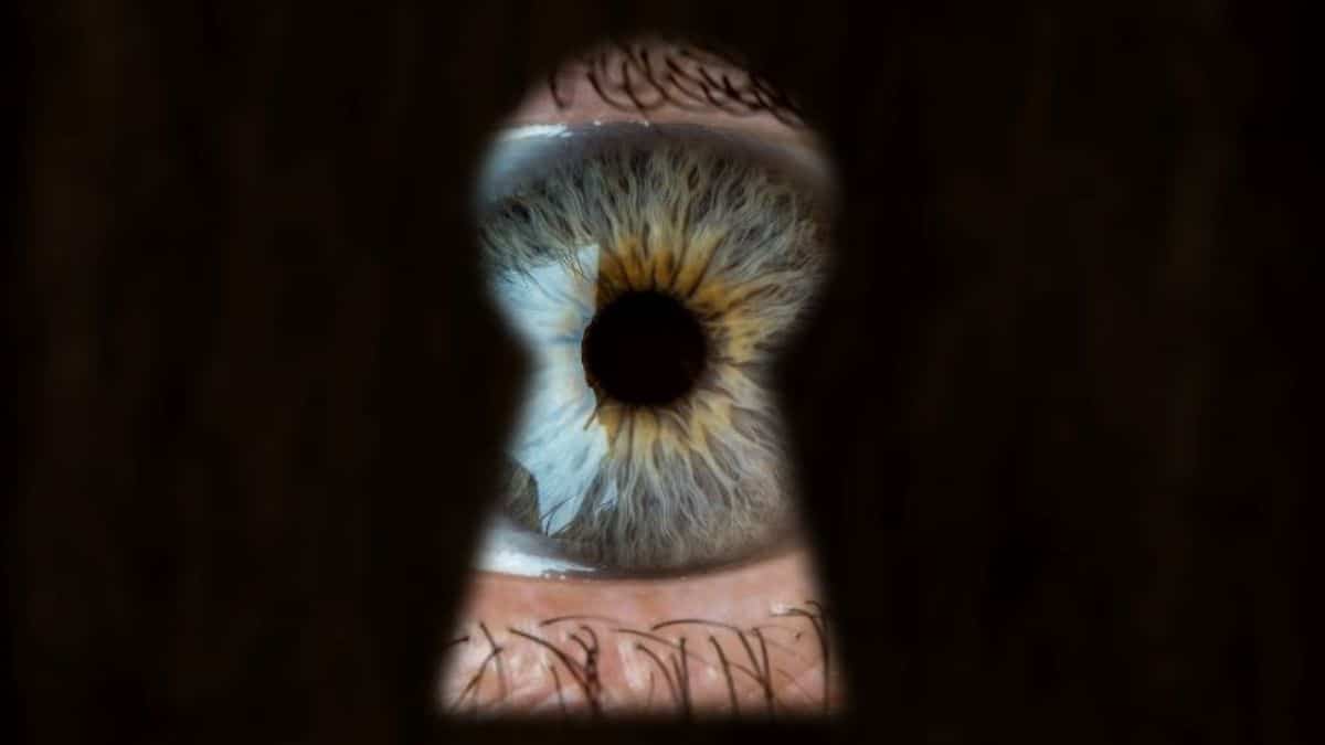 Close-up of an eye seen through keyhole. (Difference Between Mystery and Suspense)