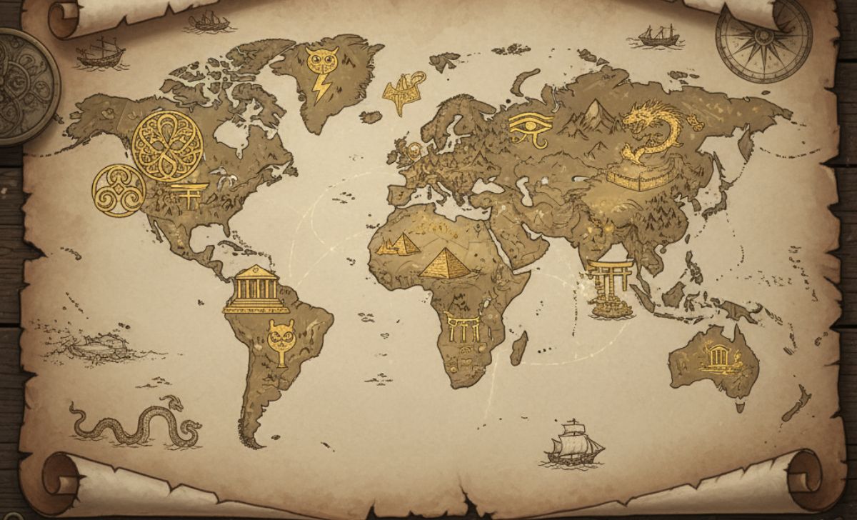 Global mythological traditions map showing diverse cultural pantheons