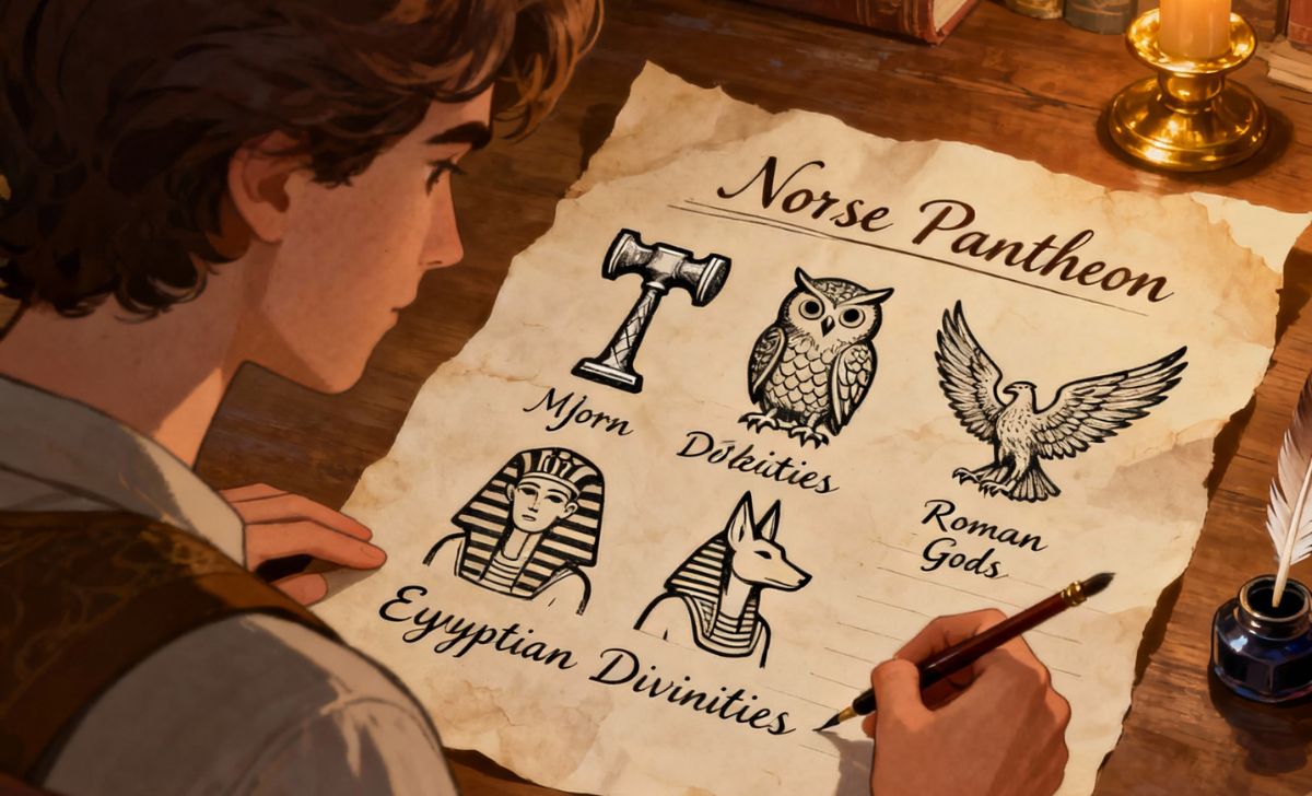 Writer developing character profiles inspired by mythological pantheons