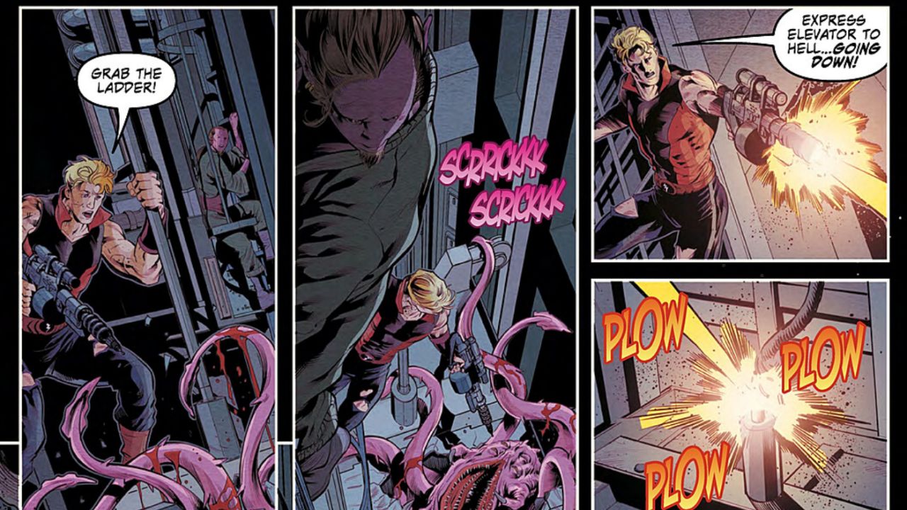 Flash and Daranek are immediately set upon by armed Synthoid guards