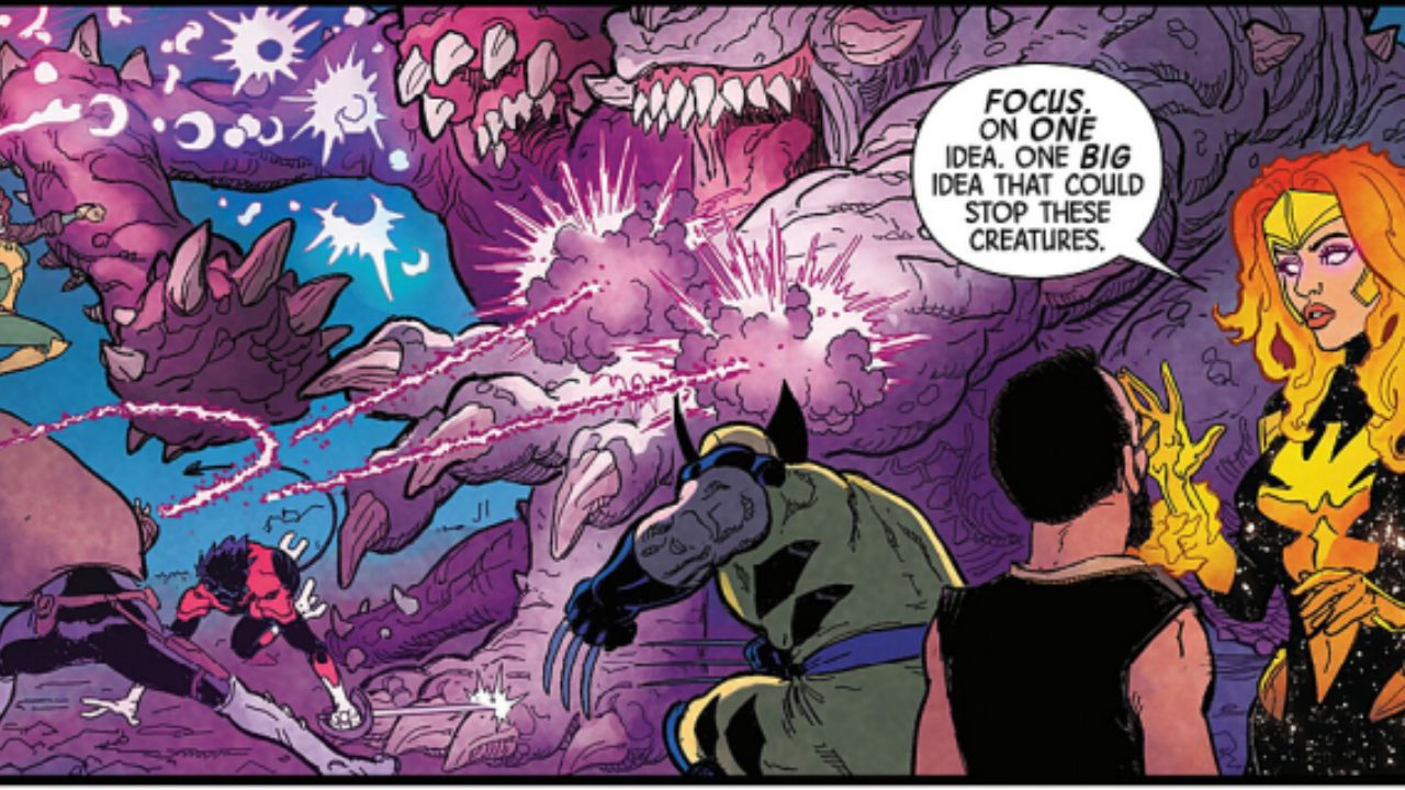 Jean calms the noise in Bobby's mind, urging him to focus on one big idea that could stop the chaos - X-Men Annual #1 (2026)