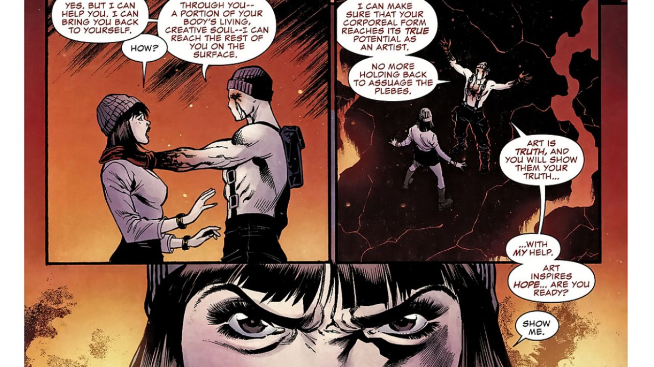 Muse asks Morgan if she is ready to show him her art - Daredevil: Unleash Hell – Red Band #1 (2025) - Art, Blood, and the Return of a Nightmare