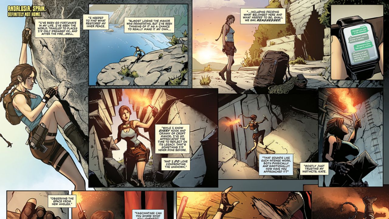 The narrative shifts to a stunning full-page spread of Andalusia, Spain - Tomb Raider: Sacred Artifacts #1